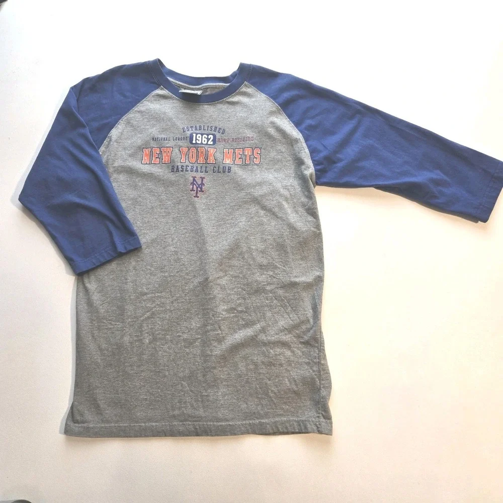 New York Mets MLB Raglan Shirt Boys 16‎ 18 3/4 Sleeve Gray Blue Baseball Tee EUC